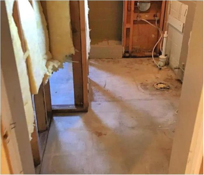 Empty bathroom with toilet and drywall removed