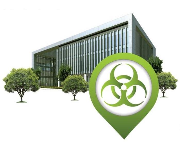 Commercial building with biohazard logo