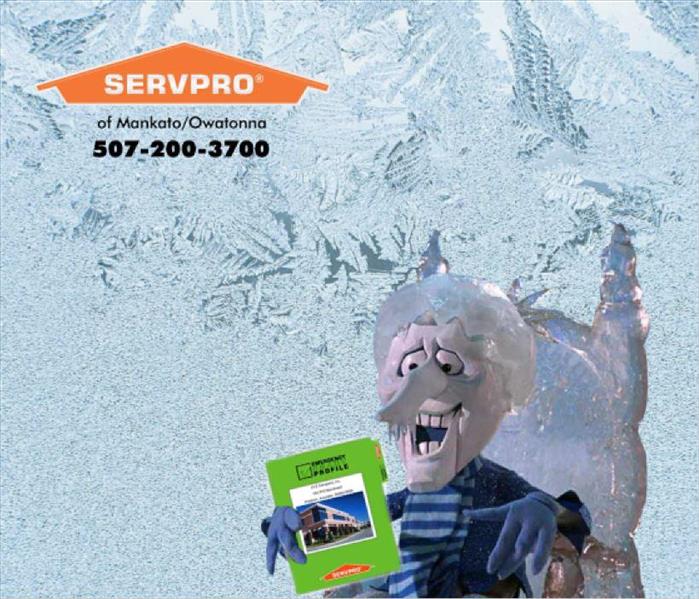 Man made of ice holding a green SERVPRO folder